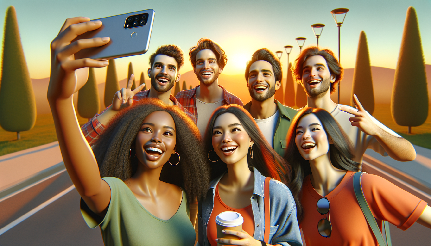 Friends taking a selfie and enjoying a face swap preview